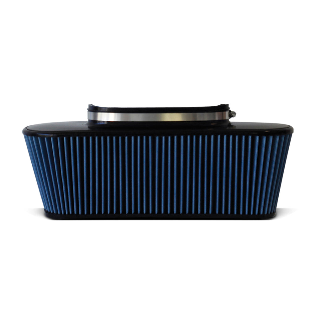 BBK Performance high flow blue cold air intake filter replacement showing a large, round air filter with blue mesh and branding.