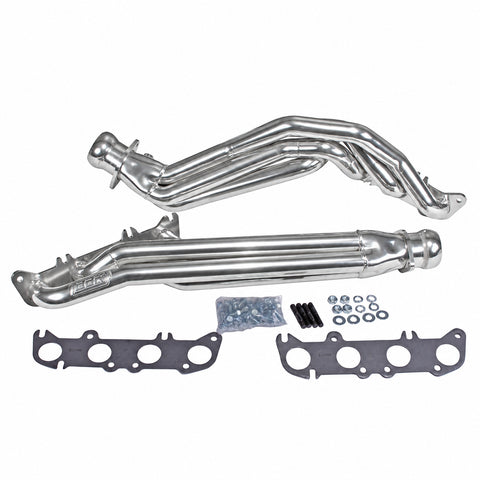 Polished silver ceramic long tube exhaust headers for Ford F150 5.0 Coyote V8, BBK Performance, 2011-2014 model.