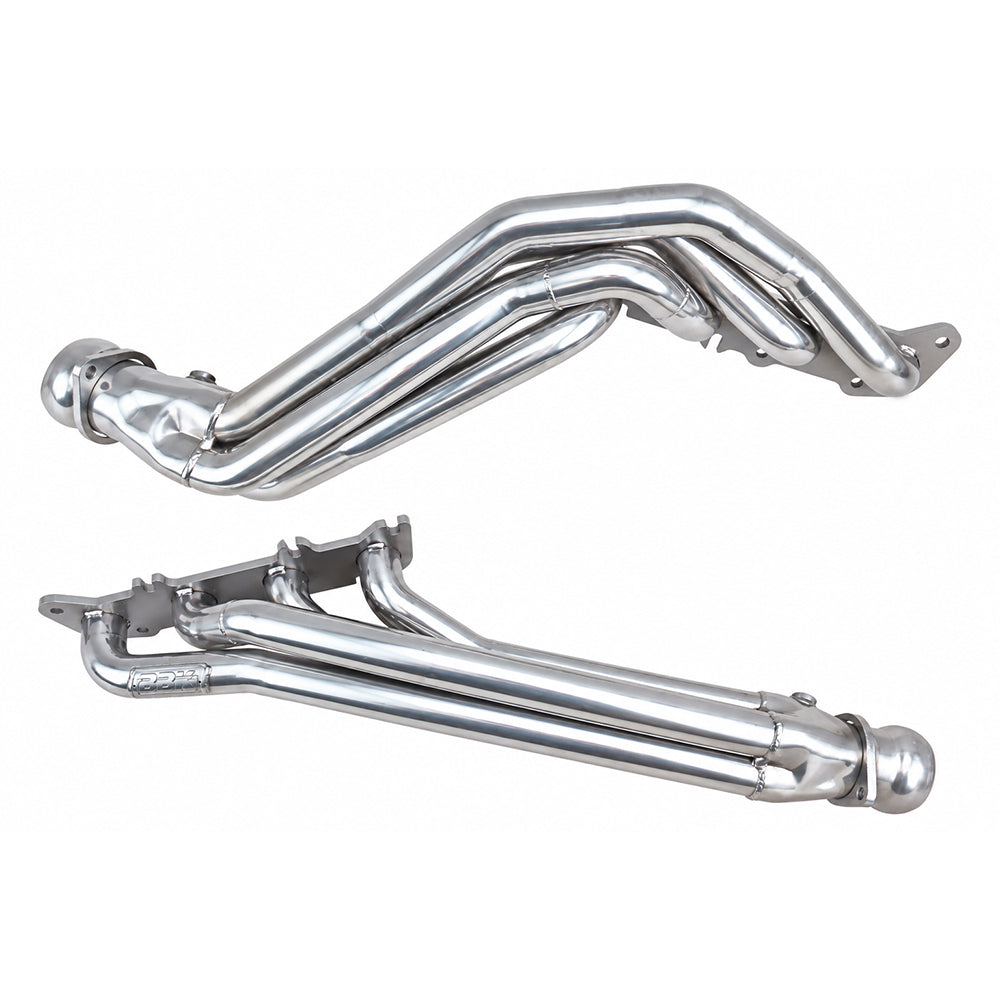 Polished silver ceramic BBK Performance long tube exhaust headers for Ford F150 5.0 Coyote 2011-2014 truck engine.