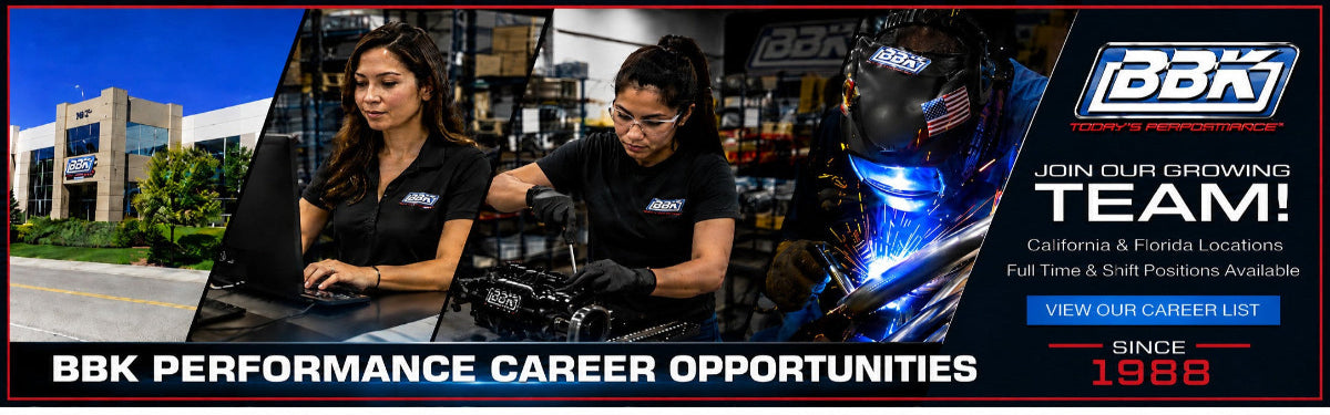 A promotional banner for BBK Performance Career Opportunities, featuring three vertical panels: an exterior shot of a modern building, an indoor workshop scene with a woman in a black BBK shirt working on a car, and a close-up of a helmeted racer wearing a glowing visor. Text reads 'BBK PERFORMANCE CAREER OPPORTUNITIES' and includes a callout to join the growing team with contact information and a 'View Our Career List' button.